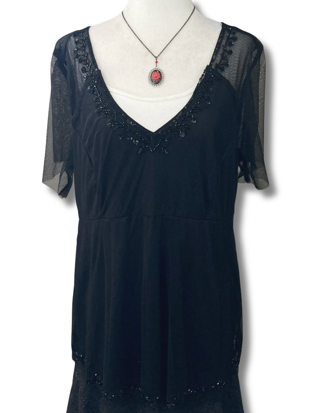 TORRID Plus-size black mesh short flutter sleeve shirt with floral beading 1X 2X